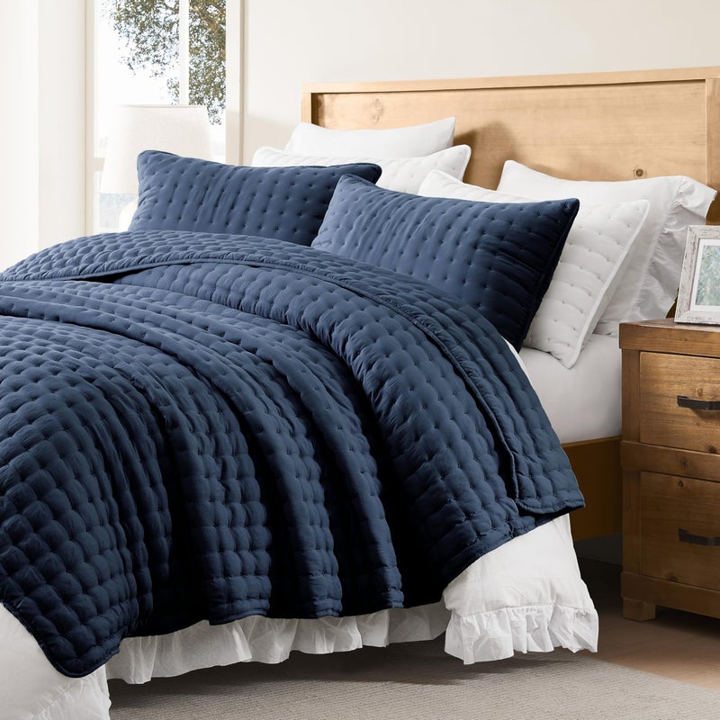 WDCOZY Navy Blue Queen Size Quilt Bedding Sets with Pillow Shams, Lightweight Soft Bedspread Coverlet, Quilted Blanket Thin Comforter Bed Cover, All Season Summer Spring, 3 Pieces, 90x90 inches - Image 5