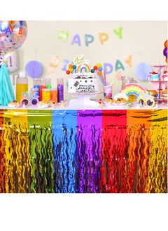 Excefore Rainbow Party Decorations, Rainbow Wavy Table Skirt Party Decorations, 2 Pack Metallic Tinsel Foil Fringe Table Skirts, Perfect Table Decors for Birthday, Holiday, Wedding, Engagement, Bridal Shower  - Image 3