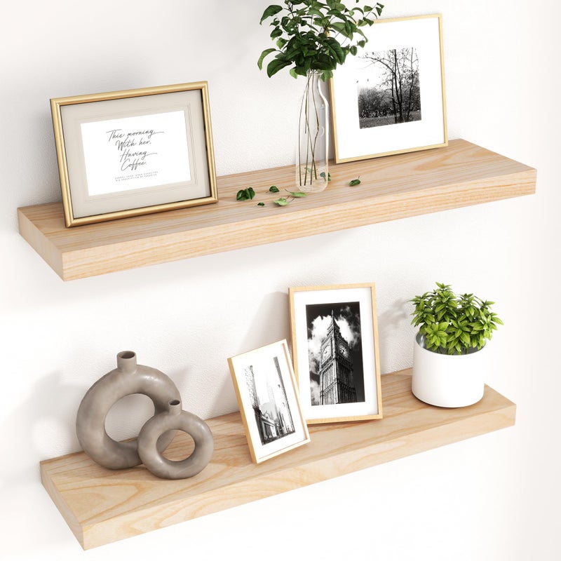 fuqing Natural Wood Floating Shelves for Wall 30 Inch Wood Floating Shelves Set of 2 Natural Wooden Wall Shelves for Living Room Bedroom Home Office  Natural