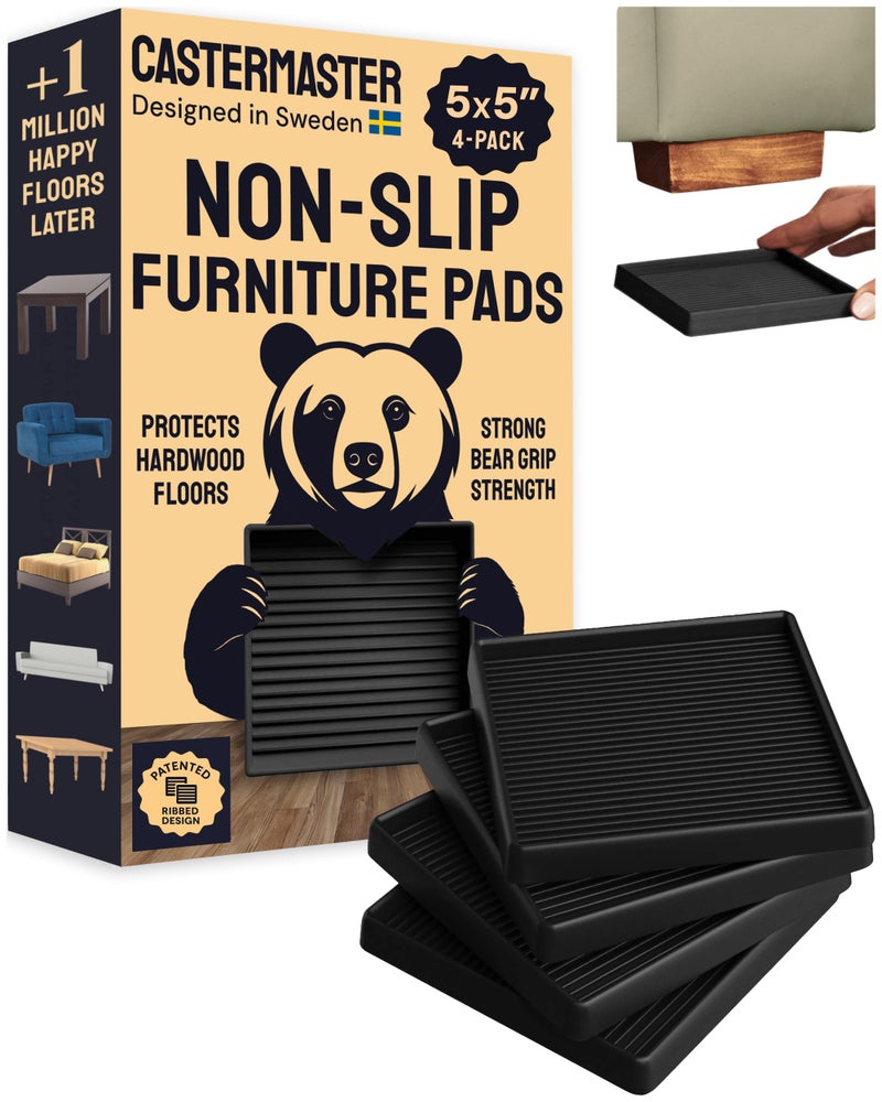CasterMaster NonSlip Furniture Pads for Hardwood Floors 5 in x 5 in Pack of 4 Black HeavyDuty Rubber Feet Floor Protectors for Furniture NoiseDampening AntiSkid Caster Cups