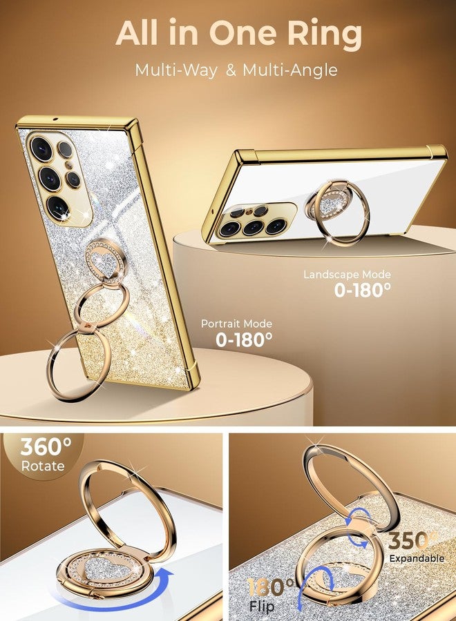 XYZ جراب XYZ لهاتف Galaxy S25 Ultra مع حامل، جراب لهاتف Samsung Galaxy S25 Ultra مع حلقة مزدوجة، جراب هاتف شفاف لامع فاخر للنساء والفتيات على شكل قلب لهاتف Samsung S25 Ultra، ذهبي - Image 3
