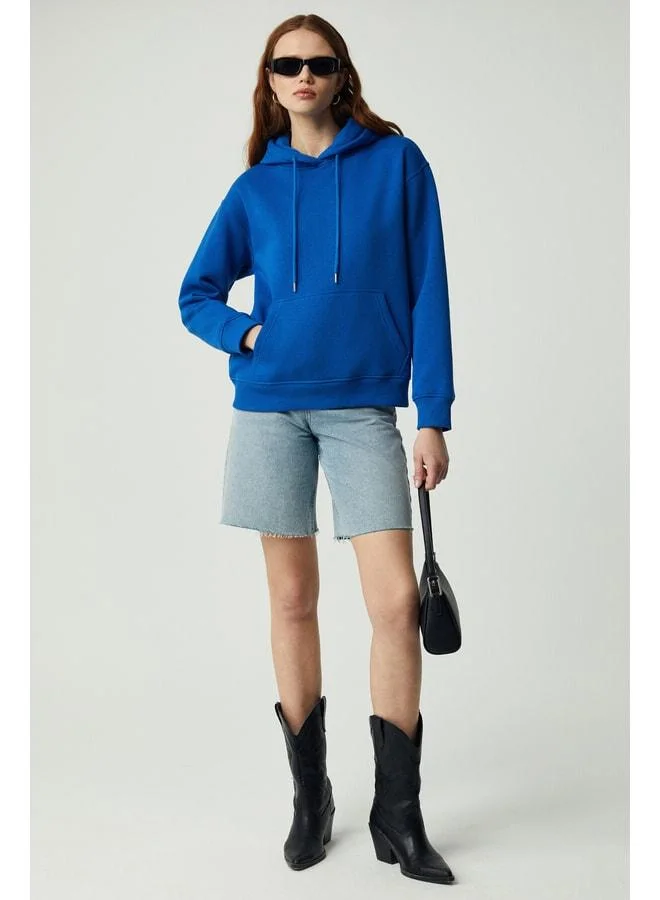 GRIMELANGE Adel Women's Organic Cotton Soft Fleece-Lined Relaxed Kangaroo Pocket Hooded Parliament Blue Sweater.