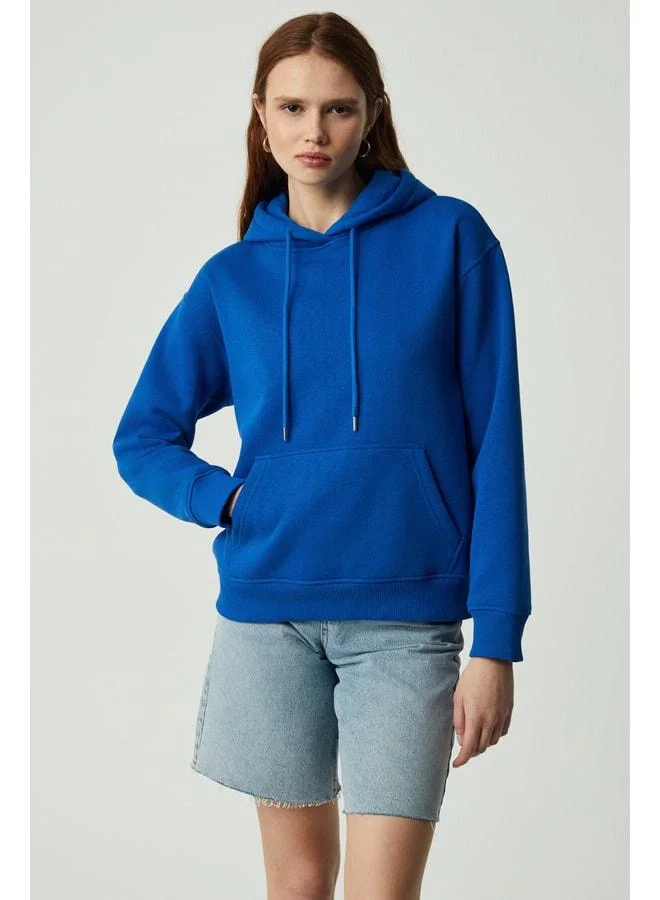 GRIMELANGE Adel Women's Organic Cotton Soft Fleece-Lined Relaxed Kangaroo Pocket Hooded Parliament Blue Sweater.