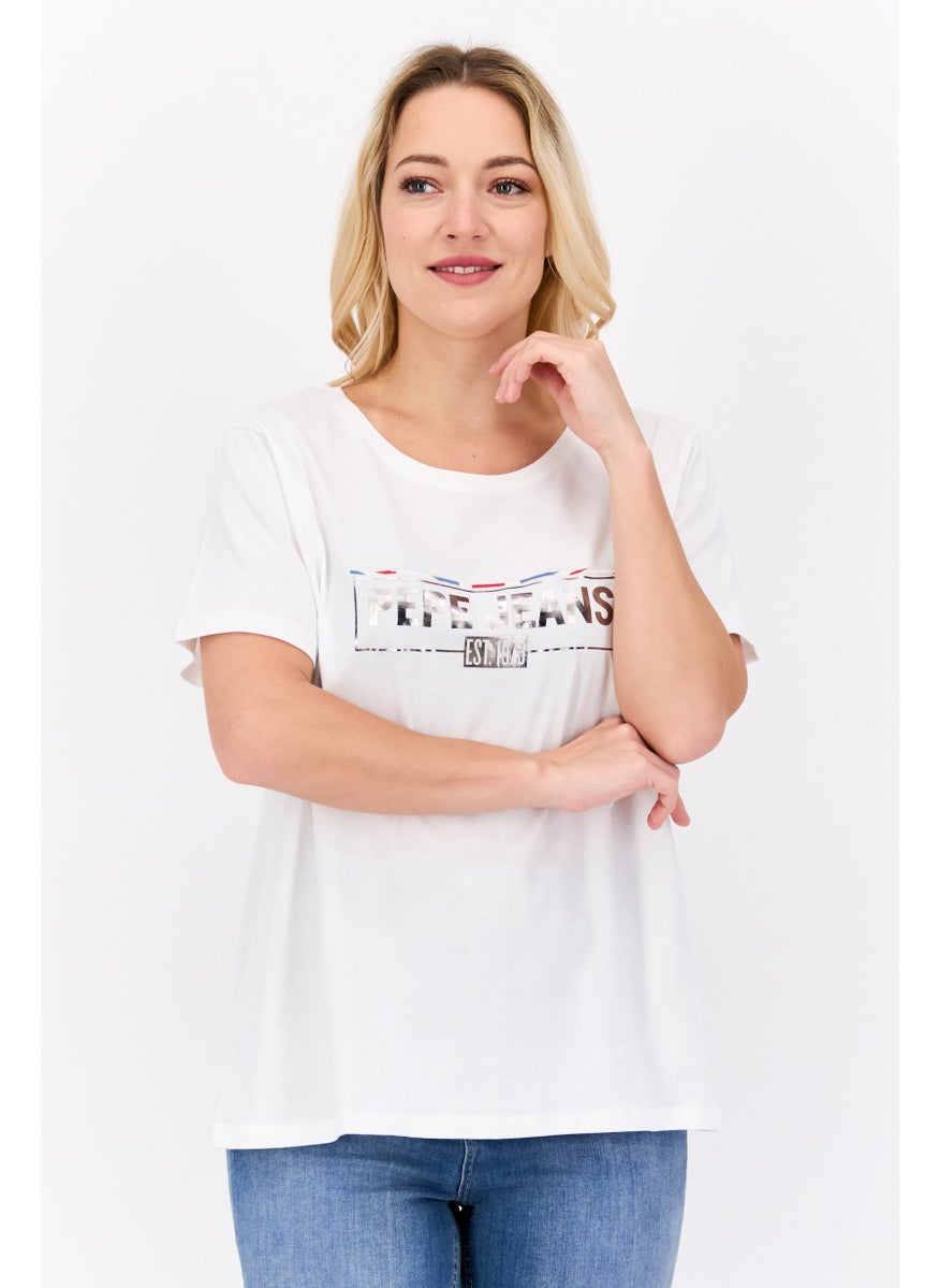 Pepe Jeans - Women Crew Neck Short Sleeve Brand Logo T Shirt, White - Image 1