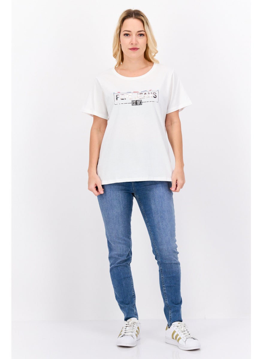 Pepe Jeans - Women Crew Neck Short Sleeve Brand Logo T Shirt, White - Image 1