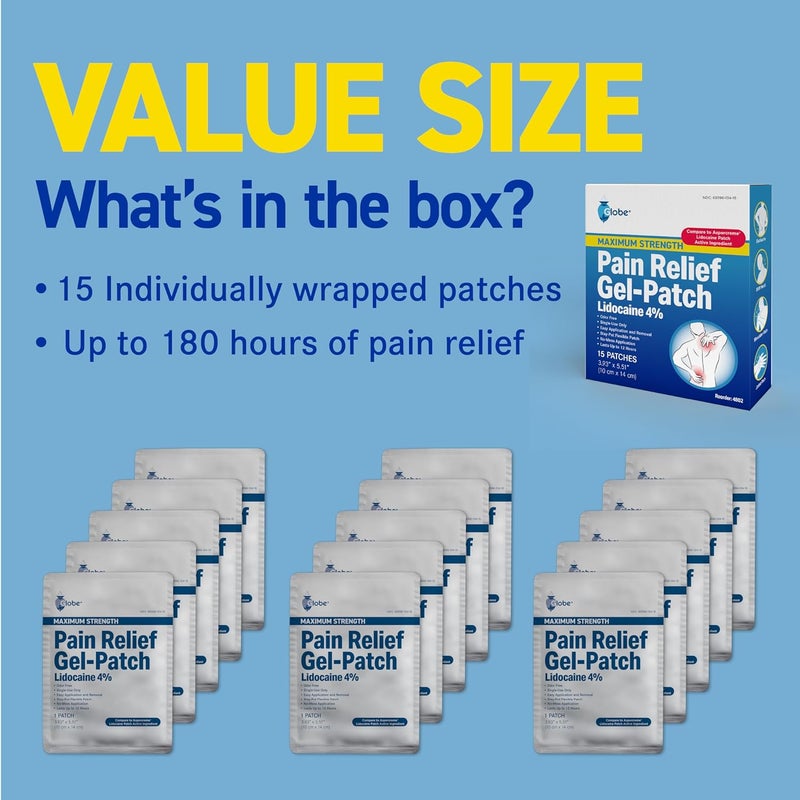 Globe 15 Pack Maximum Strength OTC Pain Relief 4 Lidocaine Patch 39 x 55 Temporary Relief of Pain Back Neck Shoulders Knees Elbows Minor Skin Irritations 15Count Box - Image 5