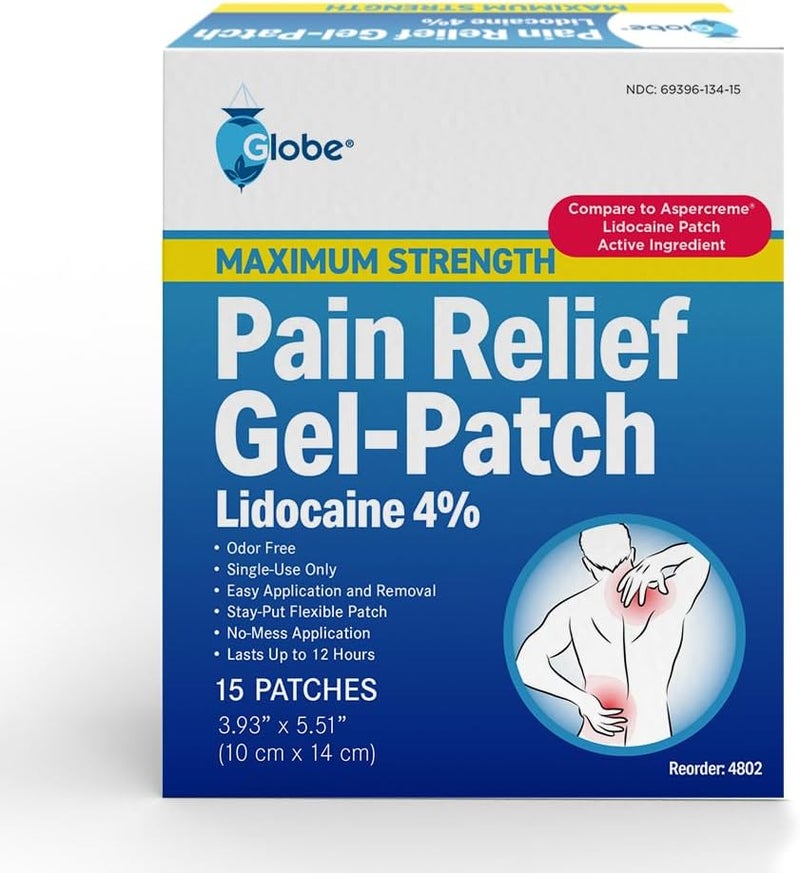 Globe 15 Pack Maximum Strength OTC Pain Relief 4 Lidocaine Patch 39 x 55 Temporary Relief of Pain Back Neck Shoulders Knees Elbows Minor Skin Irritations 15Count Box - Image 1