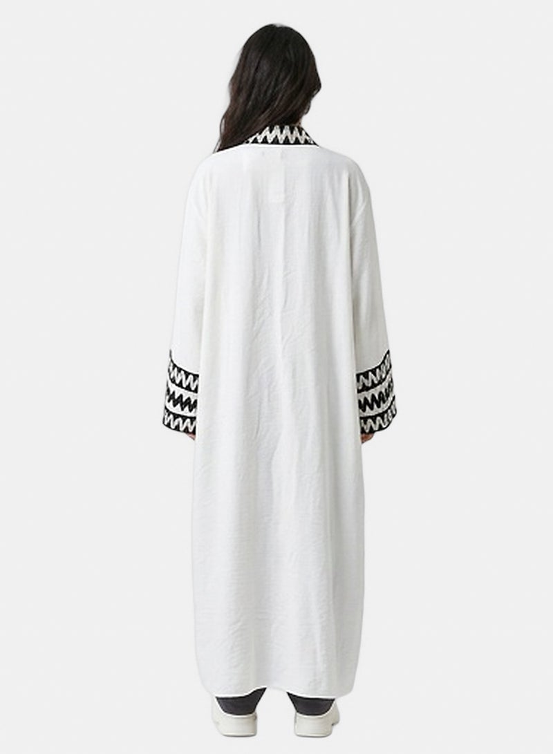 RAVIN Women White Longline Open-Front Cardigan with Black Zigzag Embroidery - Image 2