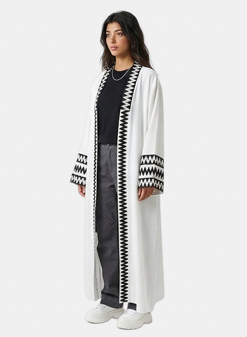 RAVIN Women White Longline Open-Front Cardigan with Black Zigzag Embroidery - Image 1