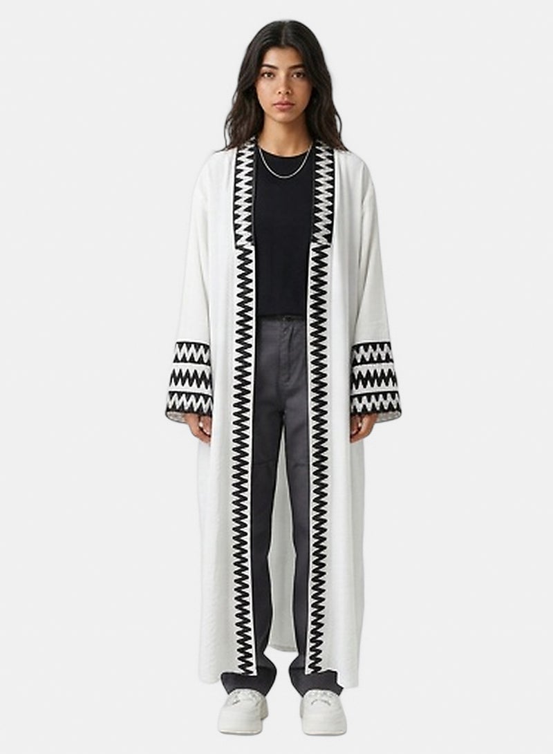 RAVIN Women White Longline Open-Front Cardigan with Black Zigzag Embroidery - Image 4