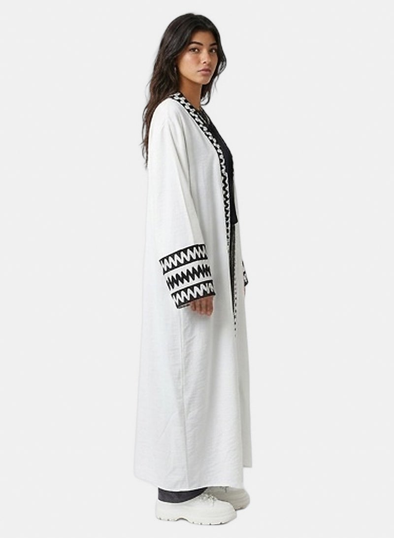 RAVIN Women White Longline Open-Front Cardigan with Black Zigzag Embroidery - Image 3