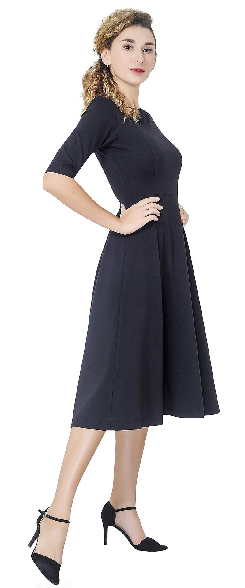 Marycrafts Women's Fit Flare Tea Midi Modest Dress for Office Business Work 14 Black - Image 4