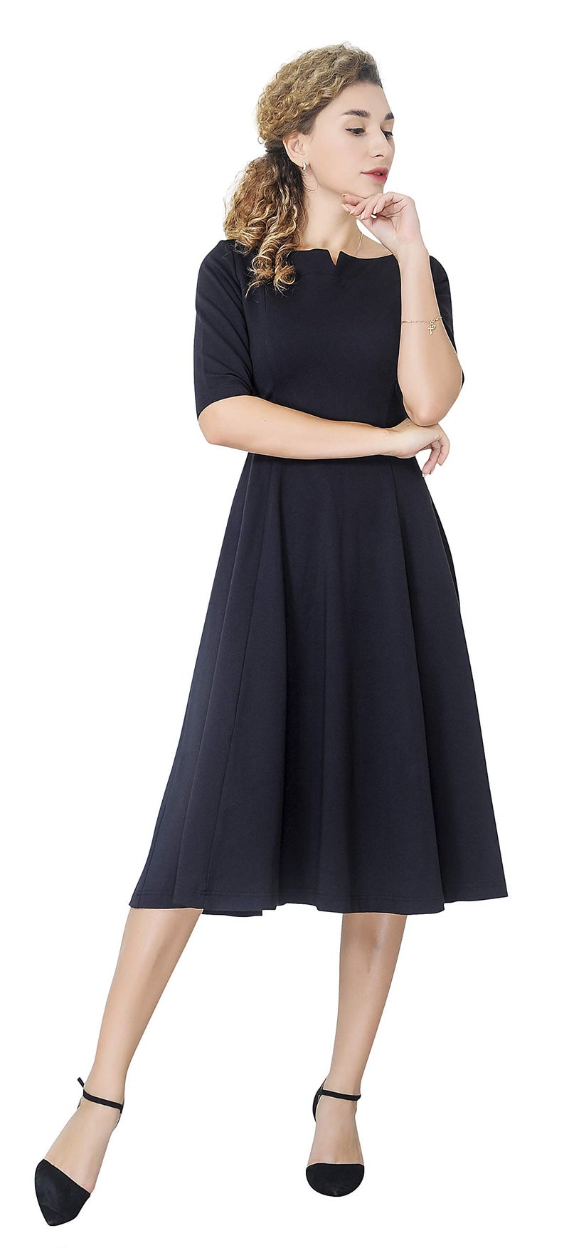 Marycrafts Women's Fit Flare Tea Midi Modest Dress for Office Business Work 14 Black - Image 3