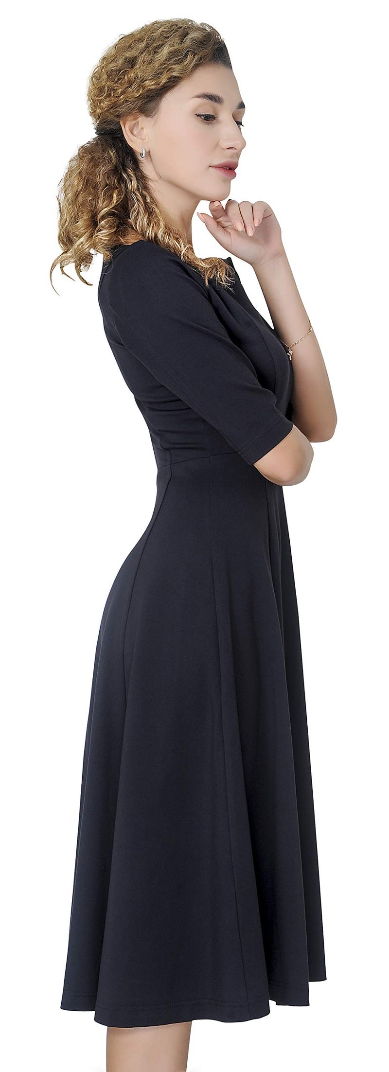 Marycrafts Women's Fit Flare Tea Midi Modest Dress for Office Business Work 14 Black - Image 5