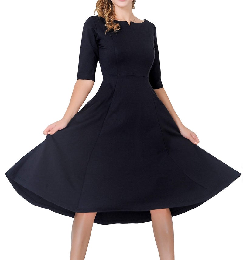 Marycrafts Women's Fit Flare Tea Midi Modest Dress for Office Business Work 14 Black - Image 1