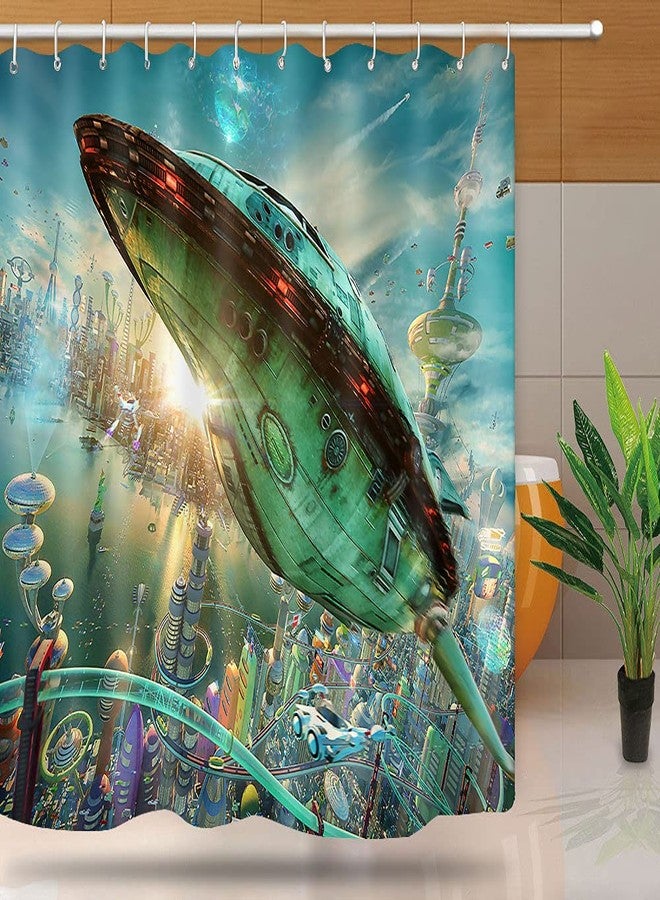 NTETSN Science Fiction Shower Curtain, Futurama Realistic 3D Rocket Planet Teal Spaceship Fabric Bath Curtain, Washable Upgrade for Bathroom Accessories, 72x 72 Inches, YLYYNT992 - Image 1