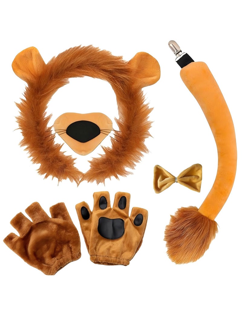 Costume Kit for Kids & Adults - Animal Costume for Boys Girls Adults, Lion Ears Hairband, Tail, Nose, Bowtie & Gloves for Halloween, Cosplay Parties, Stage Performances - Animal Dress-Up Accessories Set(6pcs) - Image 1