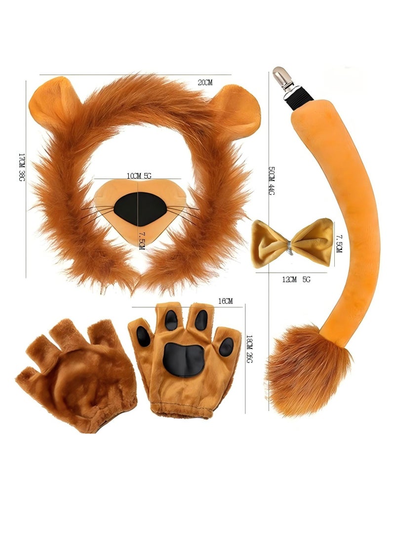 Costume Kit for Kids & Adults - Animal Costume for Boys Girls Adults, Lion Ears Hairband, Tail, Nose, Bowtie & Gloves for Halloween, Cosplay Parties, Stage Performances - Animal Dress-Up Accessories Set(6pcs) - Image 2