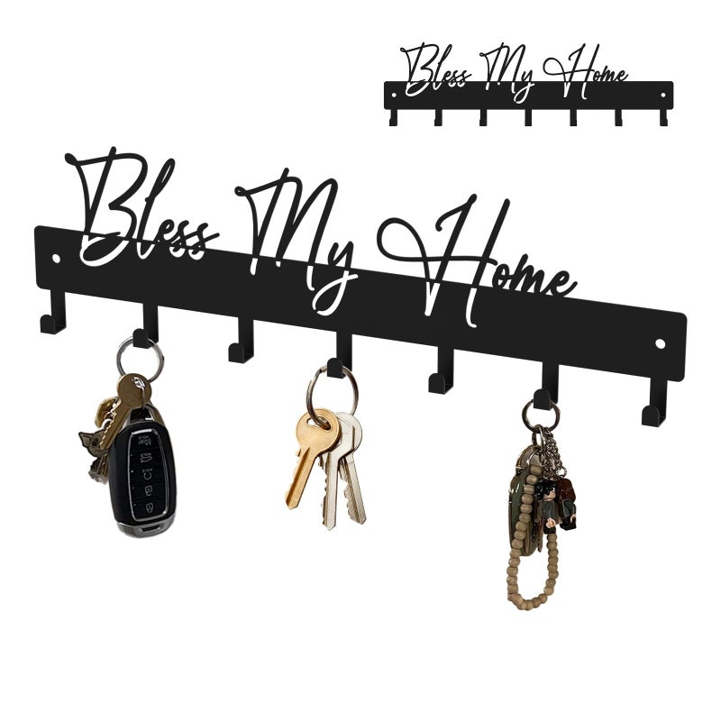 ShowMtheM Exquisite Fashion Phrase Key Holder Wall Mount,Bless My Home Key Kooks for Wall Decoration,Black Metal Key Hanger with 7 Kooks for Entryway,Office,Living Room Decor - Image 1