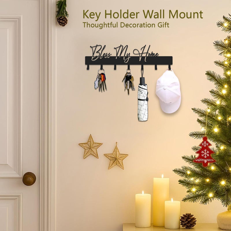 ShowMtheM Exquisite Fashion Phrase Key Holder Wall Mount,Bless My Home Key Kooks for Wall Decoration,Black Metal Key Hanger with 7 Kooks for Entryway,Office,Living Room Decor - Image 4