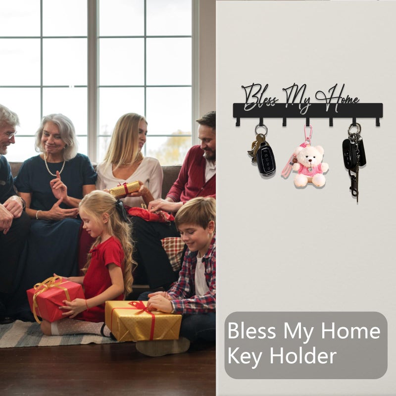 ShowMtheM Exquisite Fashion Phrase Key Holder Wall Mount,Bless My Home Key Kooks for Wall Decoration,Black Metal Key Hanger with 7 Kooks for Entryway,Office,Living Room Decor - Image 2