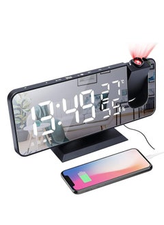 Projection Alarm Clock for Bedroom, Digital Alarm Clock with USB Charger, 7.4" Large LED Mirror Display Radio Alarm Clock, Dual Smart Alarm with Projection on Ceiling
