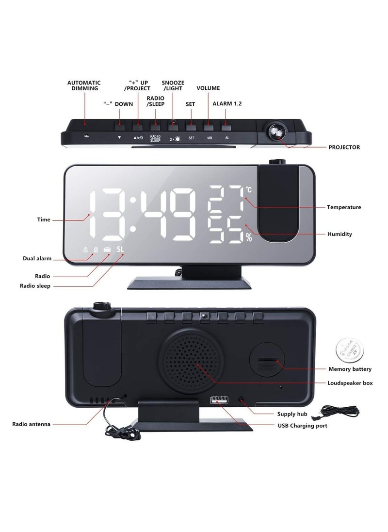 Arabest - Projection Alarm Clock for Bedroom, Digital Alarm Clock with USB Charger, 7.4" Large LED Mirror Display Radio Alarm Clock, Dual Smart Alarm with Projection on Ceiling - Image 1