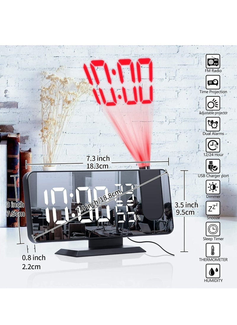 Arabest - Projection Alarm Clock for Bedroom, Digital Alarm Clock with USB Charger, 7.4" Large LED Mirror Display Radio Alarm Clock, Dual Smart Alarm with Projection on Ceiling - Image 1