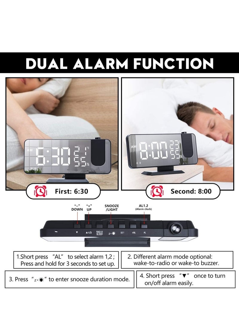Arabest - Projection Alarm Clock for Bedroom, Digital Alarm Clock with USB Charger, 7.4" Large LED Mirror Display Radio Alarm Clock, Dual Smart Alarm with Projection on Ceiling - Image 1