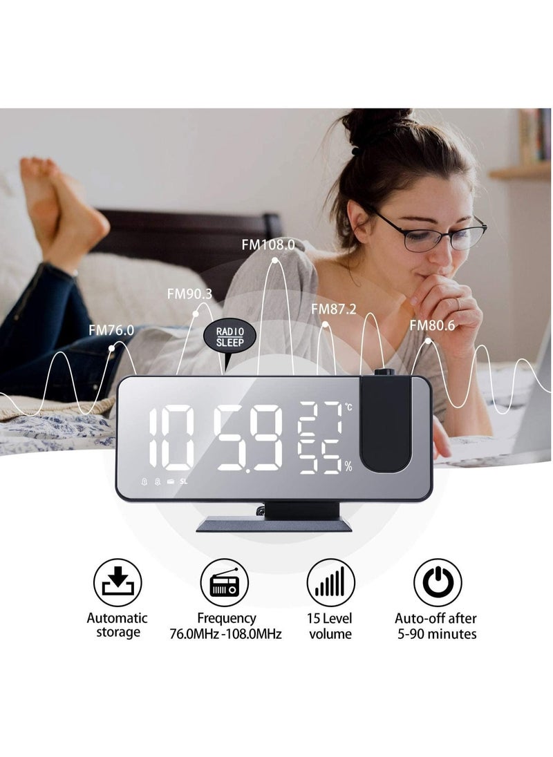 Arabest - Projection Alarm Clock for Bedroom, Digital Alarm Clock with USB Charger, 7.4" Large LED Mirror Display Radio Alarm Clock, Dual Smart Alarm with Projection on Ceiling - Image 1