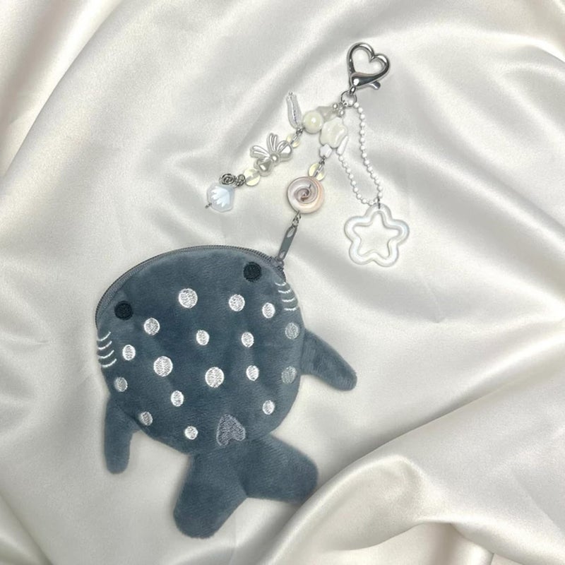 YTYAB Whale Shark Coin Purse Keychain,Cute Plush Change Purse with Zipper Keychain,Kawaii Handmade Wallet Coin Pouches,Heart Star Butterfly Key Chain Bag Charm for Women (Gray) - Image 2