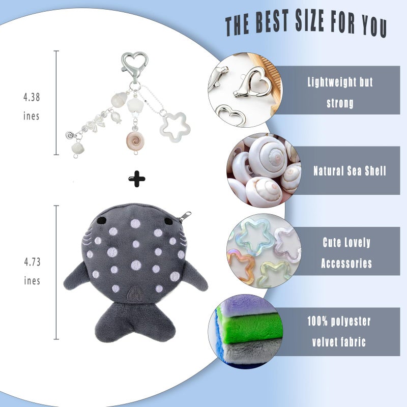 YTYAB Whale Shark Coin Purse Keychain,Cute Plush Change Purse with Zipper Keychain,Kawaii Handmade Wallet Coin Pouches,Heart Star Butterfly Key Chain Bag Charm for Women (Gray) - Image 5