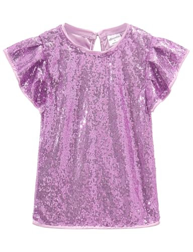 Noomelfish Girls Short Sleeve Sequin Shirts Party Glitter Sparkly Tops Blouse, Light Purple, Size 5-6 Years - Image 1
