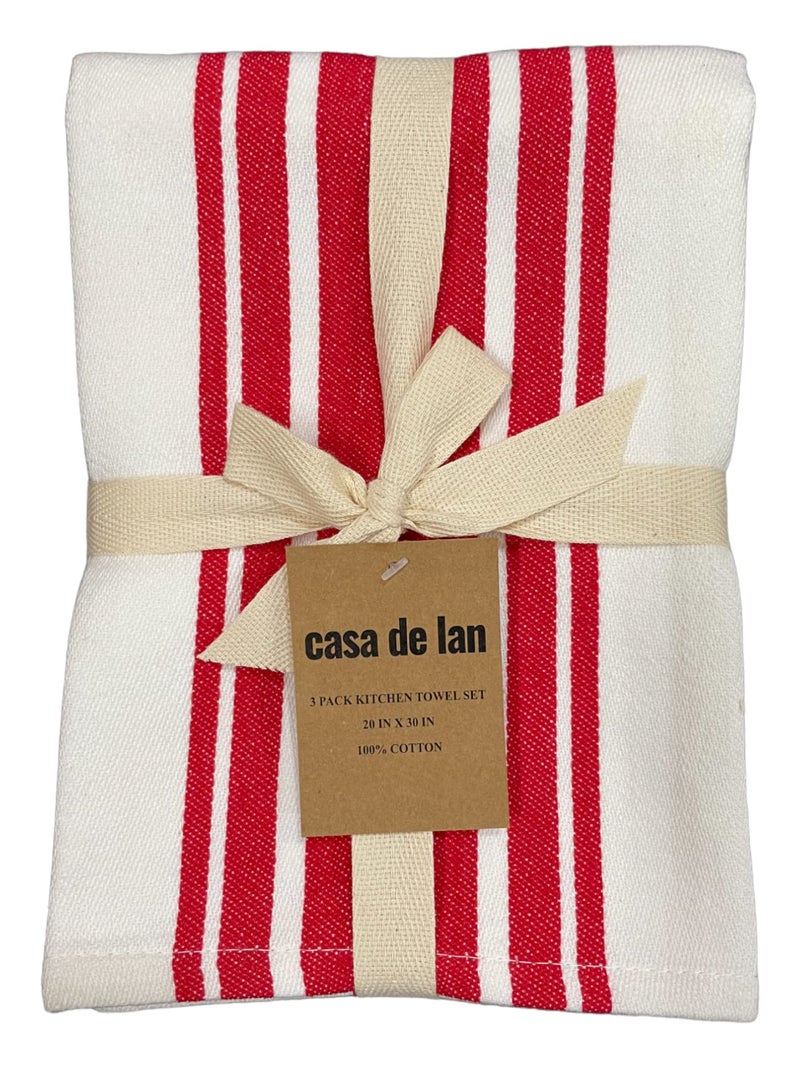 Casa De Lan Kitchen Towels Set – Pack of 3 (20’’ x 30’’) Extra Large Premium Cotton Dish Towels for Kitchen – Super Striped Towels – Absorbent – 100% Cotton – Hanging Loop – Red - Image 4