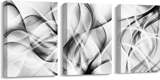 ABSTRACT CANVAS WALL ART SET OF 3 BLACK AND WHITE LARGE WALL DECOR FOR LIVING ROOM AND BEDROOM 16X24 INCH