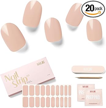 NAILOG Semi Cured Gel Nail Strips Extra Long Nail Polish Strips 20 Pieces Long Lasting Semi Cured Nail Stickers with Soft Glossy Gel Finishin The Nude - Image 1