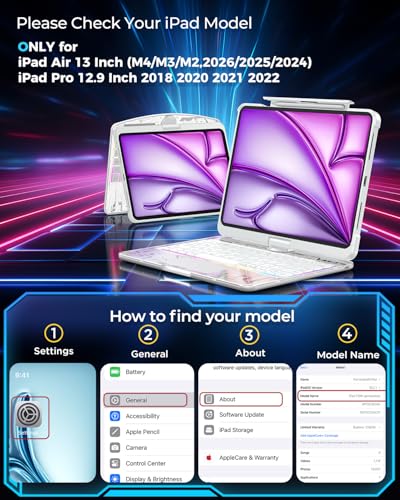 SIBEITU Clear Wireless Keyboard Case for iPad Air 13-inch M4/M3/M2 (2026/20252024) & iPad Pro 12.9-inch 6th 5th 4th 3rd Gen, Precision Trackpad & 7-Color Backlit, Pencil Holder, 360°Rotatable, White - Image 2