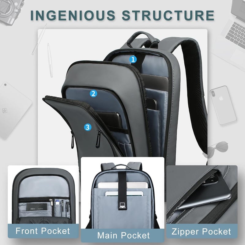 HK Backpack for Men Business Slim Backpack with USB Charger Computer Lightweight Anti-theft Travel - Image 3