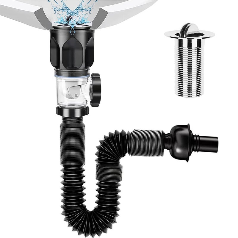 HASTHIP® Sink Drain Kit with Flexible Expandable P-Trap Sink Drain Pipe Tube Anti-Odor Bathroom 3 in 1 Plumbing, Fits for 3-4.5 cm Drain Hole, for Kitchen Bathroom Sewer - Image 1