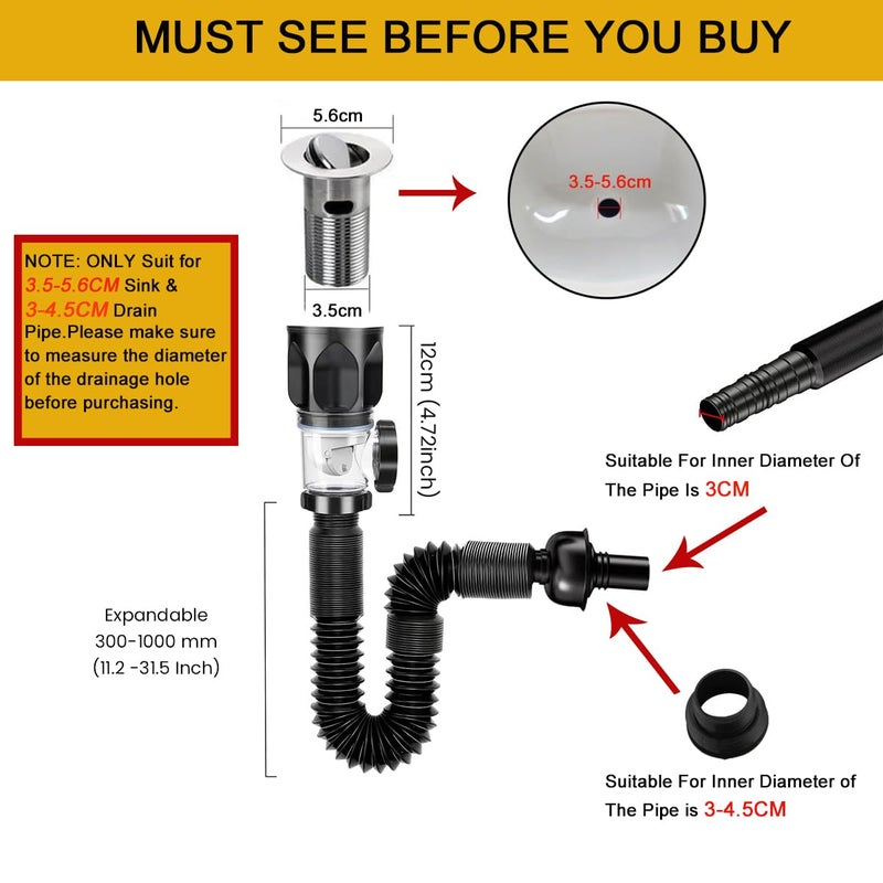 HASTHIP® Sink Drain Kit with Flexible Expandable P-Trap Sink Drain Pipe Tube Anti-Odor Bathroom 3 in 1 Plumbing, Fits for 3-4.5 cm Drain Hole, for Kitchen Bathroom Sewer - Image 2