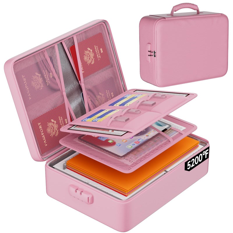 DocSafe 5200Â°F Document Organizer with Lock,Upgraded Heat Insulated Fireproofï¼†Waterproof Box 8 Layers File Organizer,Portable Home Travel Safe Storage for Important Documents, Files,Pink (Soft) - Image 1