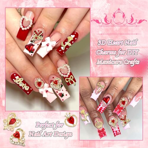 BELICEY 72 Pcs Valentines Red Heart Nail Charms 3D Gold Metal Bow Nails Charm and Gems Red Love Rhinestone Charms for Nail DIY Manicure Jewelry for Valentine's Day Design Crafts - Image 4