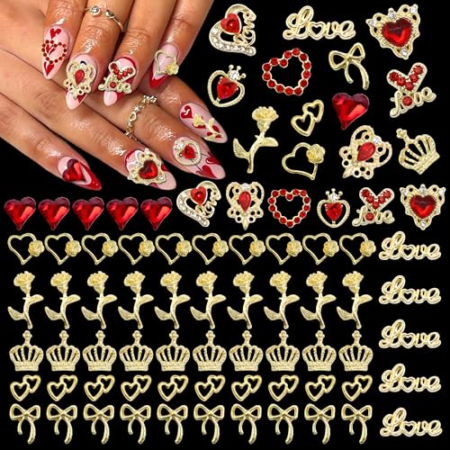 BELICEY 72 Pcs Valentines Red Heart Nail Charms 3D Gold Metal Bow Nails Charm and Gems Red Love Rhinestone Charms for Nail DIY Manicure Jewelry for Valentine's Day Design Crafts - Image 1