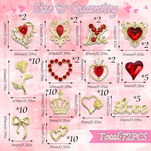 BELICEY 72 Pcs Valentines Red Heart Nail Charms 3D Gold Metal Bow Nails Charm and Gems Red Love Rhinestone Charms for Nail DIY Manicure Jewelry for Valentine's Day Design Crafts - Image 3