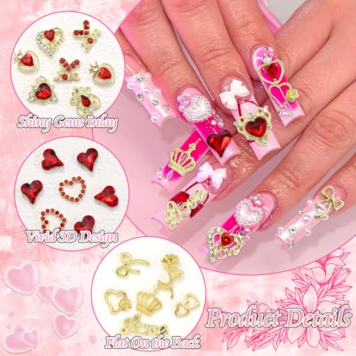 BELICEY 72 Pcs Valentines Red Heart Nail Charms 3D Gold Metal Bow Nails Charm and Gems Red Love Rhinestone Charms for Nail DIY Manicure Jewelry for Valentine's Day Design Crafts - Image 2
