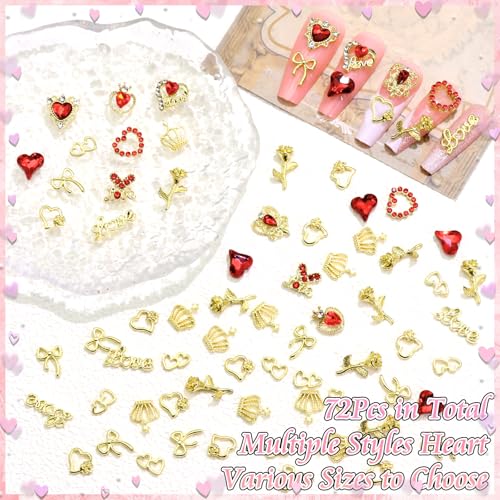 BELICEY 72 Pcs Valentines Red Heart Nail Charms 3D Gold Metal Bow Nails Charm and Gems Red Love Rhinestone Charms for Nail DIY Manicure Jewelry for Valentine's Day Design Crafts - Image 5