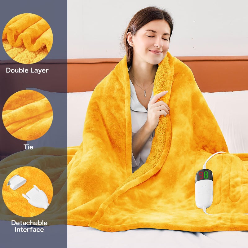 greenoak Heated Electric Blanket Throw, Faux Fur Sherpa Heating Blanket for Sofa Bed, Warm Winter Gifts for Women/Adults, Heater Lap Blankets 5-Position Timer &10 Heating Levels 50''*60" Golden - Image 2