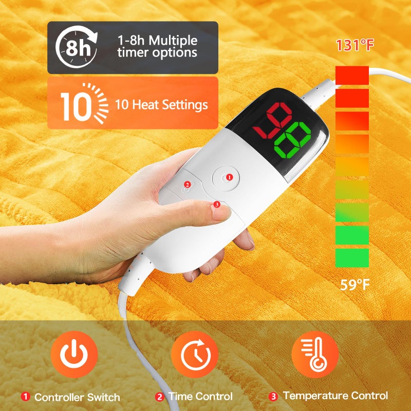greenoak Heated Electric Blanket Throw, Faux Fur Sherpa Heating Blanket for Sofa Bed, Warm Winter Gifts for Women/Adults, Heater Lap Blankets 5-Position Timer &10 Heating Levels 50''*60" Golden - Image 4