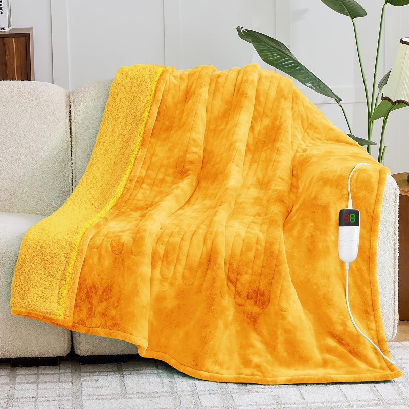 greenoak Heated Electric Blanket Throw, Faux Fur Sherpa Heating Blanket for Sofa Bed, Warm Winter Gifts for Women/Adults, Heater Lap Blankets 5-Position Timer &10 Heating Levels 50''*60" Golden - Image 1