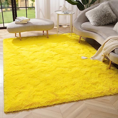 Amearea Premium Soft Fluffy Rug 4x5.3 Feet, Fuzzy Area Rugs for Bedroom, Shag Carpet for Living Room Nursery Kids Room Decor, Comfortable Indoor Furry Dorm Carpets, Yellow - Image 1